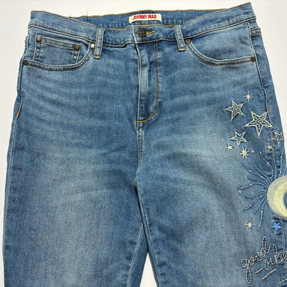 JOHNNY WAS Embroidered Skinny Jeans Boho Stars Moon Womens Size 28 (30x28) - Picture 6 of 16